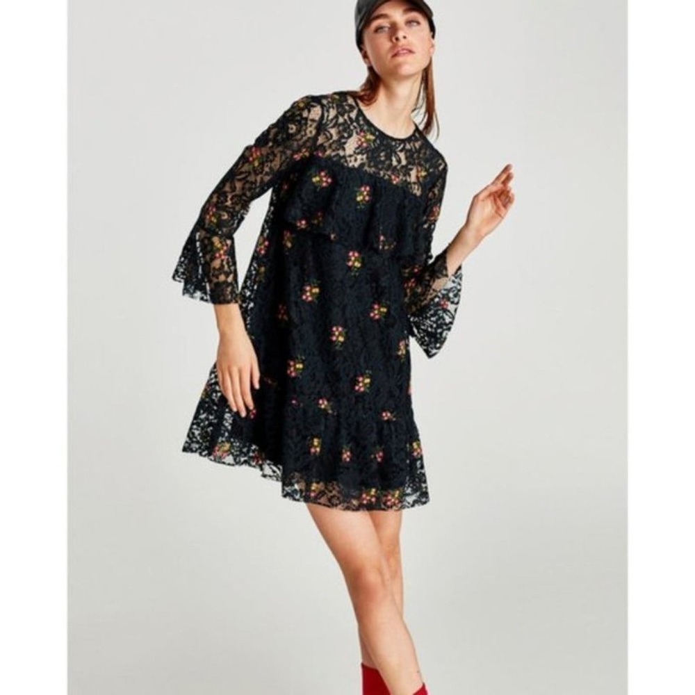 Zara Floral Lace Embroidered Mini Ruffle Bohemian Dress XS
